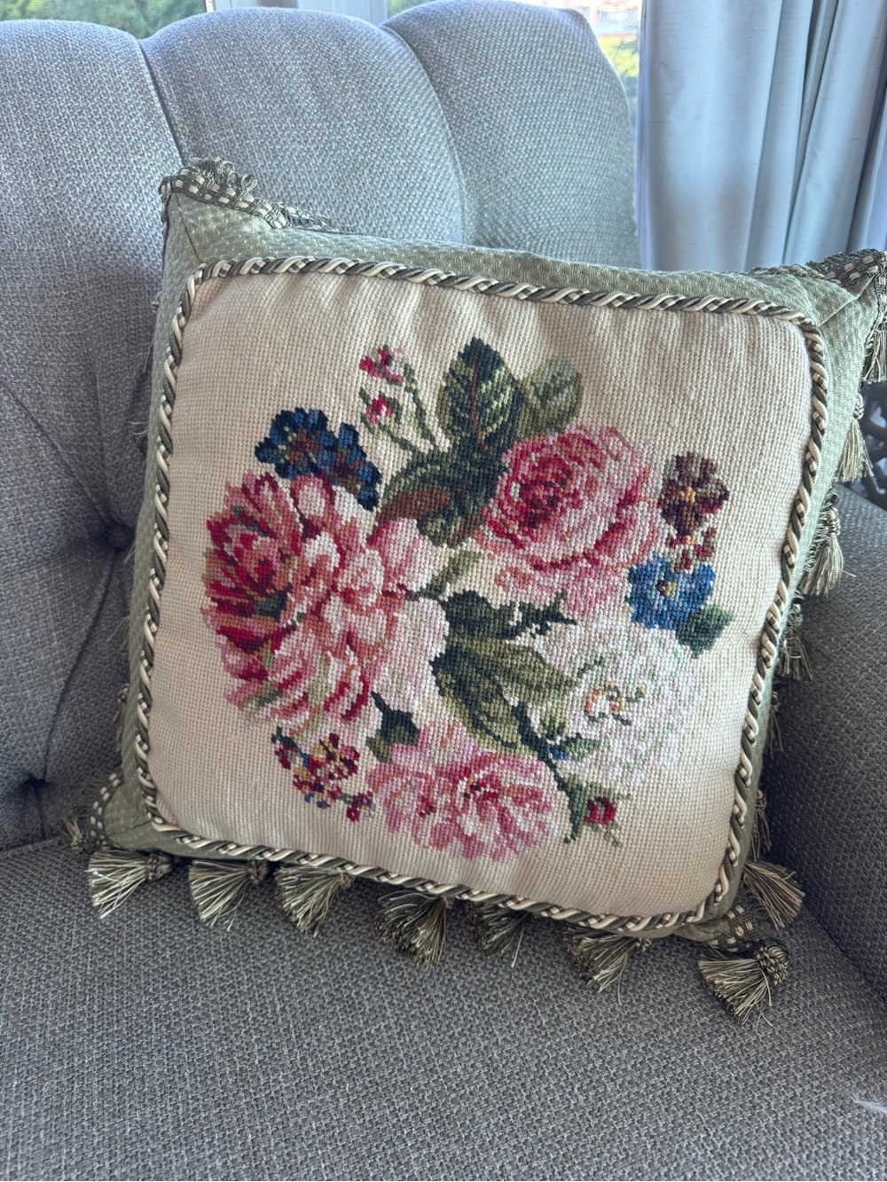 Vintage Needlepoint Floral Pillow Pink Roses Green Velvet Tassel Trim 15”
